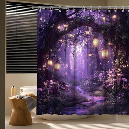 Fantasy Forest Path Shower Curtain Purple Fairy Magical Enchanted Misty Jungle Mushroom Floral Tree Butterfly Lantern Wonderland Bath Curtain Fabric Bathroom Accessories Decor with Hooks 70W x84L