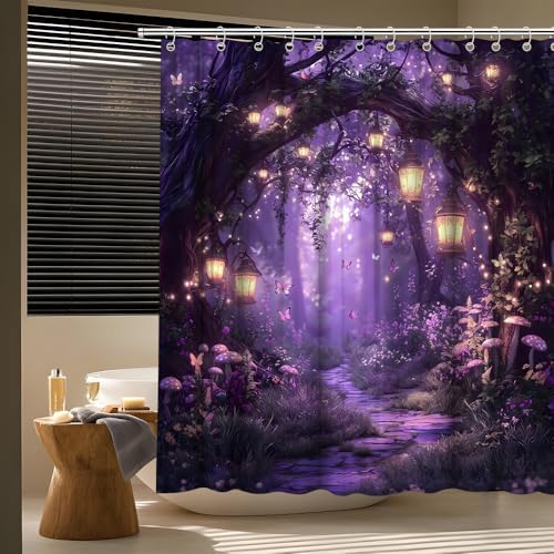 Fantasy Forest Path Shower Curtain Purple Fairy Magical Enchanted Misty Jungle Mushroom Floral Tree Butterfly Lantern Wonderland Bath Curtain Fabric Bathroom Accessories Decor with Hooks 90W x70L