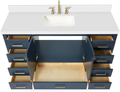 ARIEL Cambridge 60-inch Bathroom Vanity with Sink,Solid Wood, 1.5-inch Pure White Quartz Countertop, Single Rectangular Porcelain Sink, 2 Soft Closing Doors, 9 Dovetail Drawers, Midnight Blue