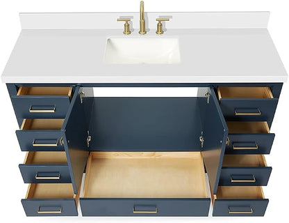 ARIEL Cambridge 60-inch Bathroom Vanity with Sink,Solid Wood, 1.5-inch Pure White Quartz Countertop, Single Rectangular Porcelain Sink, 2 Soft Closing Doors, 9 Dovetail Drawers, Midnight Blue