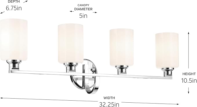 Kichler Gioe 32.25" 4-Light Vanity Light with Opal Glass in Chrome, Damp Rated, for Bathroom, Powder Room, Over a Mirror, (32.25" W x 10.5" H), 55227CH