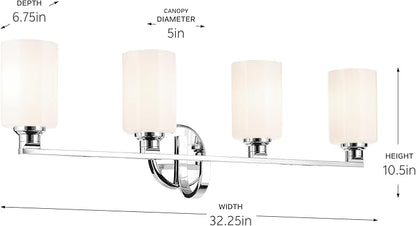 Kichler Gioe 32.25" 4-Light Vanity Light with Opal Glass in Chrome, Damp Rated, for Bathroom, Powder Room, Over a Mirror, (32.25" W x 10.5" H), 55227CH