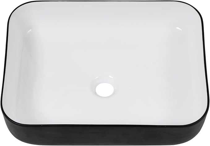 Ceramic Bathroom Sink Black and White 16" x 12" Above Counter Vessel Sink | Modern White Porcelain Ceramic Above Counter Vanity Sink Art Basin Rectangular Countertop Bathroom Vessel Sinks