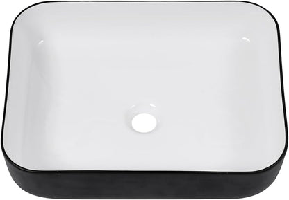 Ceramic Bathroom Sink Black and White 16" x 12" Above Counter Vessel Sink | Modern White Porcelain Ceramic Above Counter Vanity Sink Art Basin Rectangular Countertop Bathroom Vessel Sinks