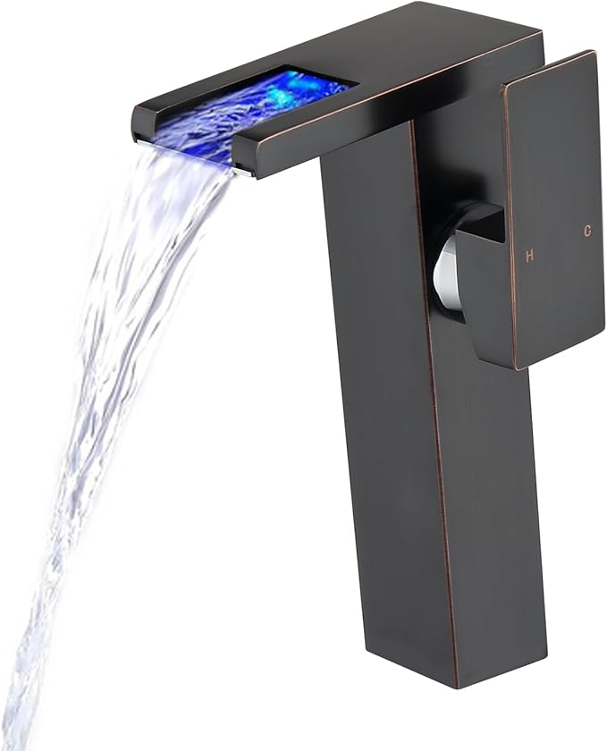 LED Waterfall Bathroom Sink Faucet, 3 Colors Spout Faucet with Water Supply Hose, Single Handle Single Hole Slanted Body Brass Mixer Vanity Sink Tap (Oil Rubbed Bronze