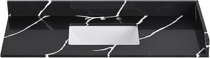 48 in. W x 22 in D Quartz Vanity Top in Black Marquina,with One Sidesplash & One Backsplash, Vanity Sink Top with Assembled Single Drop-in Sink, Pre-Drilled 8 Inch Faucet Hole Countertop
