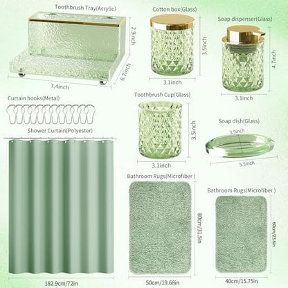 Green Bathroom Accessories Set - 20PCS Glass Bathroom Set with Shower Curtain and Rugs, Soap Dispenser, Soap Dish, Cup, Qtip Jar, Toothbrush Holder, Stylish & Functional Bath Decor for Home, Apartment