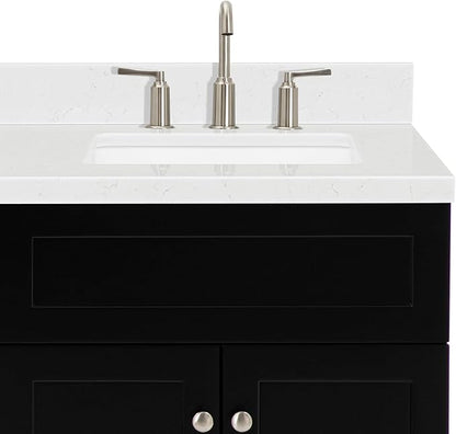 DKB Bradford 66-Inch Black Double Bathroom Vanity, 1.5" Edge Carrara Quartz Countertop & Backsplash, Rectangular Undermount Sinks, Soft Closing Doors & Drawers, Toe Kick, Brushed Nickel Hardware