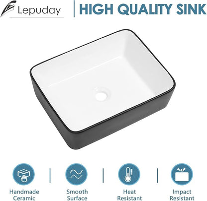 Bathroom Vessel Sink 19" x 15" Rectangle Bathroom Sinks Above Counter | Black and White Porcelain Ceramic Vessel Sinks Vanity Sink Rectangular Modern Above Counter Bathroom Vessel Sink