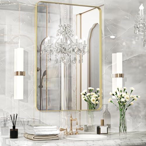 Fun Memories Glod Bathroom Mirror 24x36 Inch Bathroom Vanity, Metal Black Frame Large Mirror, Modern Wall Mirror for Bathroom, Tempered Glass, Farmhouse, Horizontally or Vertically