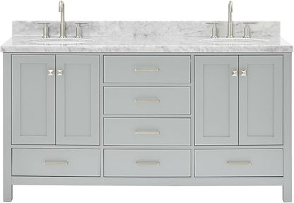 ARIEL Cambridge 66-inch Bathroom Vanity with Sink,Solid Wood, 1.5-inch Italian Carrara Marble Countertop & Backsplash, Double Oval Porcelain Sink, 4 Soft Closing Doors, 6 Dovetail Drawers, Grey