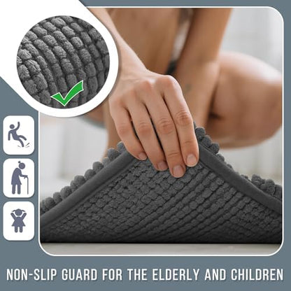 Yimobra Bathroom Rug Mat, Non Slip and Super Absorbent Bath Mat, Machine Washable Quick Dry, Ultra Plush Chenille Shower Rugs for Bathroom Floor Sink Tub and Shower Outside, Dark Gray, 24 x 17