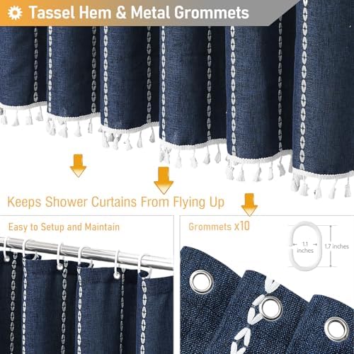 BTTN 54x78 Boho Farmhouse Linen Heavy Duty Shower Curtain Set, Navy Blue