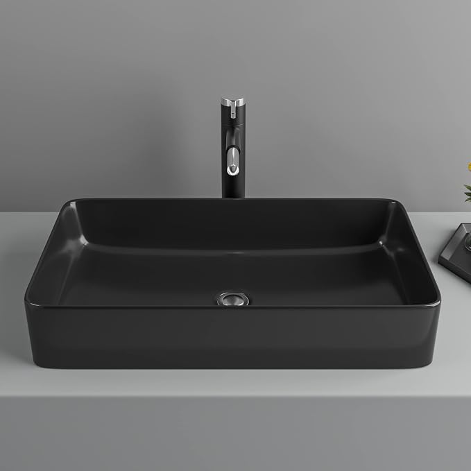 24"x14" Matte Black Bathroom Vessel Sink Rectangle Porcelain Ceramic Above Counter Sink Bowl for Vanity Powder Room Cabinet Lavatory