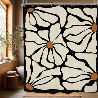 Matisse Flower Shower Curtain 60Wx72L Inch Abstract Retro Aesthetic Minimalist Modern Vintage Art 70s Modern Black Beige Bathroom Set Accessories Decor with 12 Pack Hooks