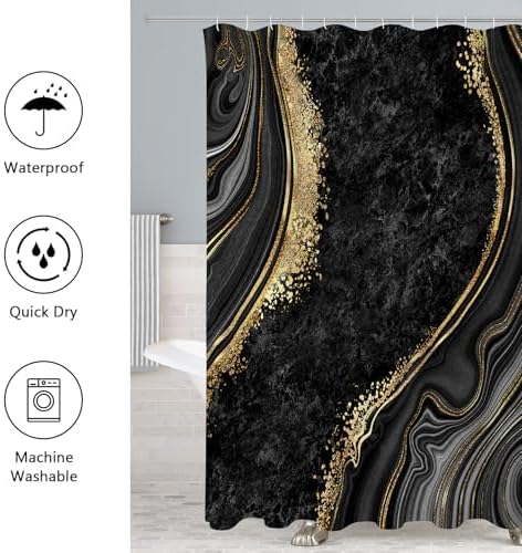 Gibelle 4 Pcs Luxury Marble Shower Curtain Set with Non-Slip Rugs, Toilet Lid Cover and Bath Mat, Black Gold Bathroom Decor Set with Shower Curtain and Rugs and Accessories