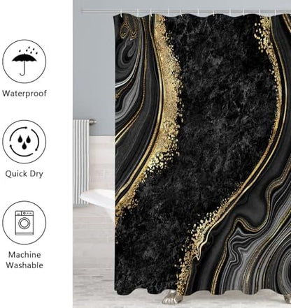 Gibelle 4 Pcs Luxury Marble Shower Curtain Set with Non-Slip Rugs, Toilet Lid Cover and Bath Mat, Black Gold Bathroom Decor Set with Shower Curtain and Rugs and Accessories