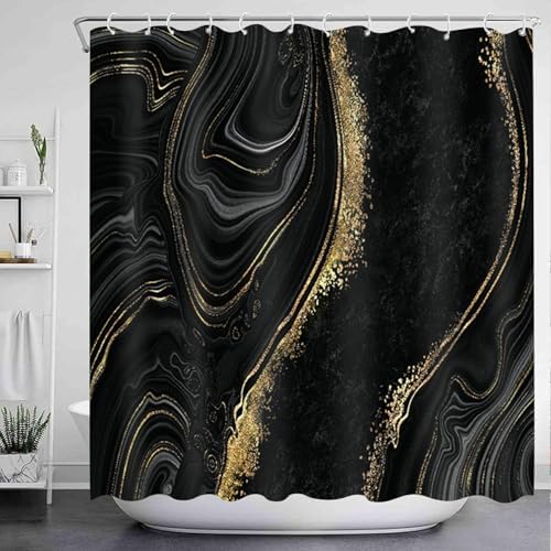 NBVKO 4Pcs Black Gold Marble Shower Curtain Sets with Rugs Bathroom Sets with Shower Curtain and Rugs Modern Abstract Bathroom Decor Accessories Shower Curtains for Bathroom Toilet Lid Cover