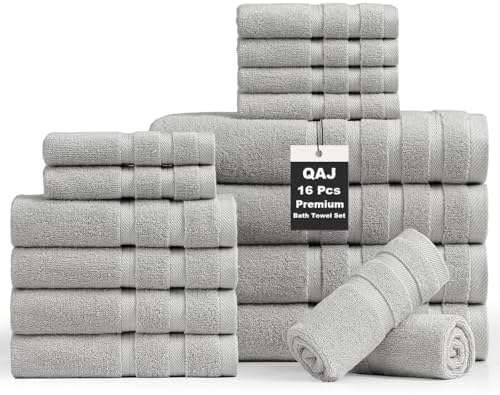 16-Piece Bath Towels Set, 100% Cotton Thick Soft Highly Absorbent Durable, Quick Dry, Bathroom Towels Set (4 Bath Towels, 4 Hand Towels, 8 Washcloths) - Perfect for Daily Use