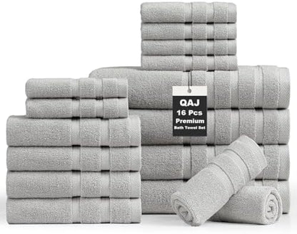 16-Piece Bath Towels Set, 100% Cotton Thick Soft Highly Absorbent Durable, Quick Dry, Bathroom Towels Set (4 Bath Towels, 4 Hand Towels, 8 Washcloths) - Perfect for Daily Use