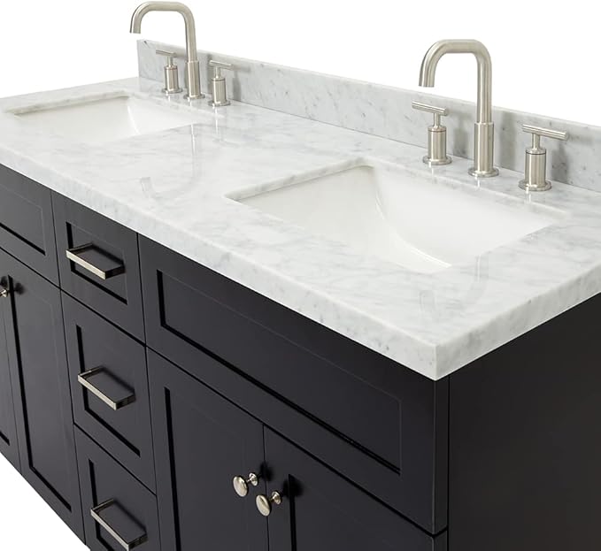 ARIEL Hamlet 60-inch Bathroom Vanity with Sink,Solid Wood, 1.5-inch Italian Carrara Marble Countertop, Double Rectangular Porcelain Sink, 4 Soft Closing Doors, 3 Dovetail Drawers, Black