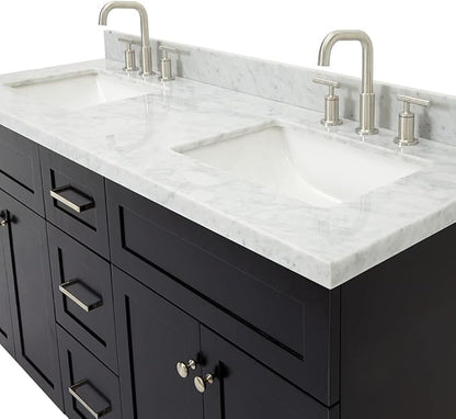 ARIEL Hamlet 60-inch Bathroom Vanity with Sink,Solid Wood, 1.5-inch Italian Carrara Marble Countertop, Double Rectangular Porcelain Sink, 4 Soft Closing Doors, 3 Dovetail Drawers, Black