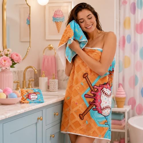 Moukeren Set of 3 Ice Cream Drip Baseball Bath Towels, Decorative Towels