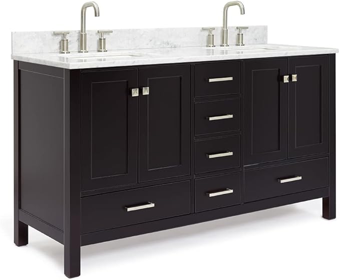 ARIEL Cambridge 60-inch Bathroom Vanity with Sink,Solid Wood, 0.75-inch Italian Carrara Marble Countertop, Double Rectangular Porcelain Sink, 4 Soft Closing Doors, 6 Dovetail Drawers, Espresso
