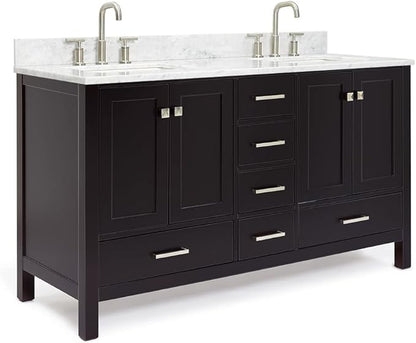 ARIEL Cambridge 60-inch Bathroom Vanity with Sink,Solid Wood, 0.75-inch Italian Carrara Marble Countertop, Double Rectangular Porcelain Sink, 4 Soft Closing Doors, 6 Dovetail Drawers, Espresso
