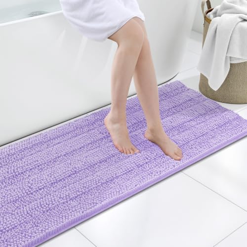 Grandaily Chenille Striped Bathroom Rugs 59x20, Extra Thick and Soft Absorbent Bath Mats, Rubber Backing, Plush Shaggy Shower Carpet, Machine Wash Dry, Bath Rug for Bathroom, Light Purple