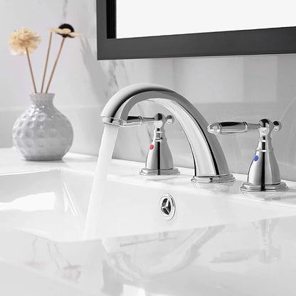 Chrome 8 Inch 3 Hole Widespread Bathroom Faucet with Metal Pop Up Drain, Lesd Free Bathroom Sink Lavatory Faucet, WF008-4-C