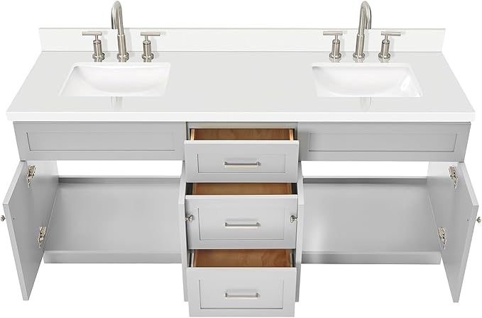 DKB Bradford 72 Inch Bathroom Vanity Double Sink — Grey Bathroom Vanity with Sink, 1.5" Edge Pure White Quartz Countertop & Backsplash, 4 Soft-Close Doors, and 3 Dovetail Drawers