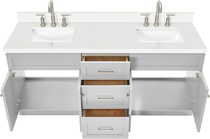 ARIEL Hamlet 72-inch Bathroom Vanity with Sink,Solid Wood, 1.5-inch Pure White Quartz Countertop & Backsplash, Double Rectangular Porcelain Sink, 4 Soft Closing Doors, 3 Dovetail Drawers, Grey