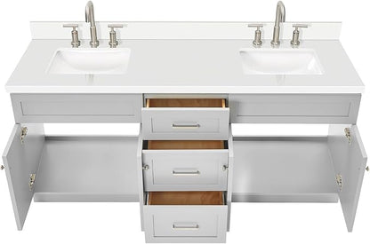 ARIEL Hamlet 72-inch Bathroom Vanity with Sink,Solid Wood, 1.5-inch Pure White Quartz Countertop & Backsplash, Double Rectangular Porcelain Sink, 4 Soft Closing Doors, 3 Dovetail Drawers, Grey
