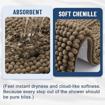 Grandaily Chenille Striped Bathroom Rugs 24x16, Extra Thick and Absorbent Bath Mats, Non-Slip Soft Plush Shaggy Shower Carpet, Machine Wash Dry, Bath Rug for Bathroom, (Small, Camel)