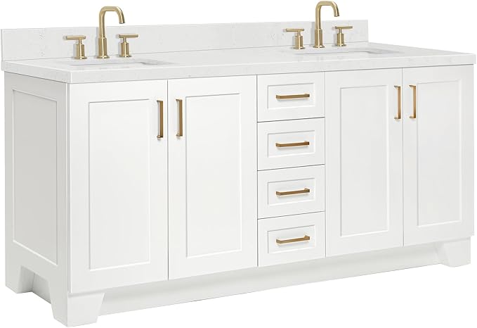 ARIEL Taylor 72-inch Bathroom Vanity with Sink,Solid Wood, 1.5-inch Carrara White Quartz Countertop & Backsplash, Double Rectangular Porcelain Sink, 4 Soft Closing Doors, 6 Dovetail Drawers, White