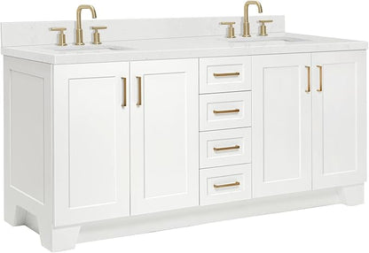ARIEL Taylor 72-inch Bathroom Vanity with Sink,Solid Wood, 1.5-inch Carrara White Quartz Countertop & Backsplash, Double Rectangular Porcelain Sink, 4 Soft Closing Doors, 6 Dovetail Drawers, White