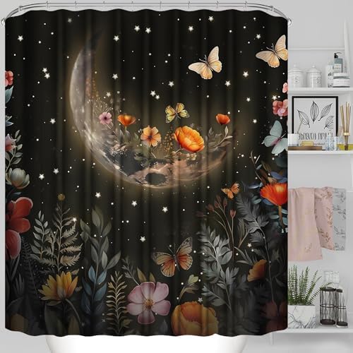 LQCOOL Shower Curtain Set 4 Pcs Black Moon Bathroom Sets with Shower Curtain and Rugs Bathroom Decor Set with 12 Hooks