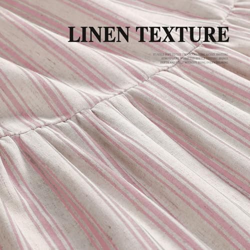 Farmhouse Shower Curtain Ruffle Linen Cream-Pink Stripe 72"W x 72"L