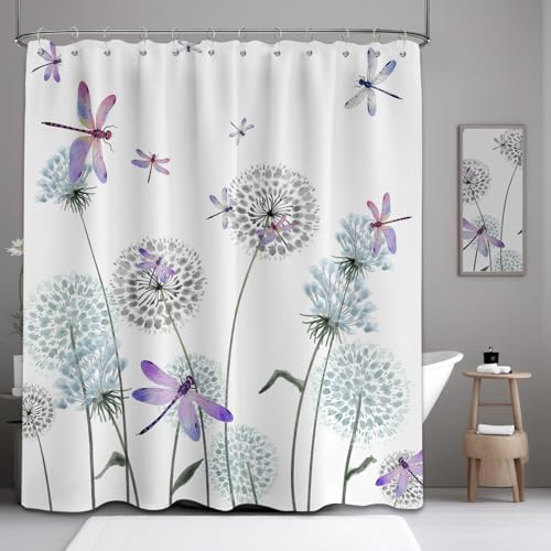 Dandelion Shower Curtain Purple Dragonfly Grey White Shower Curtains for Bathroom Decor, Waterproof Cloth Fabric with Hooks 60" W x 72" L