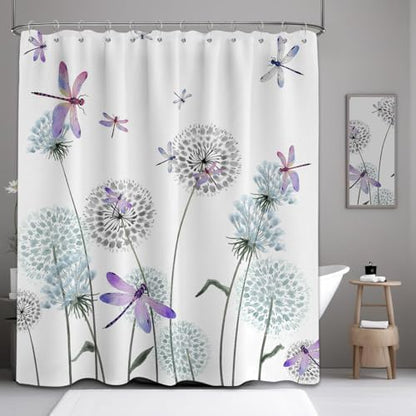 Dandelion Shower Curtain Purple Dragonfly Grey White Shower Curtains for Bathroom Decor, Waterproof Cloth Fabric with Hooks 60" W x 72" L