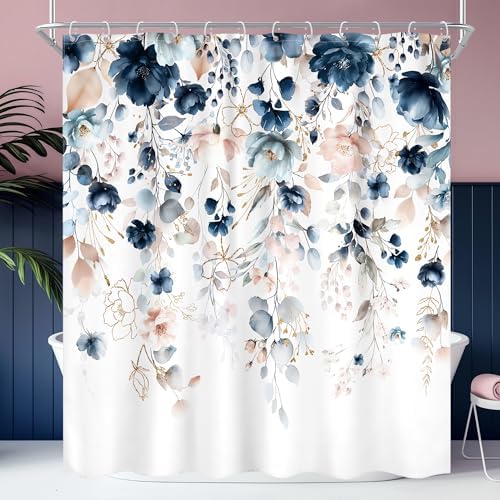Blue Floral Flower Shower Curtain Cute Navy Flower Pastel Shower Curtain
