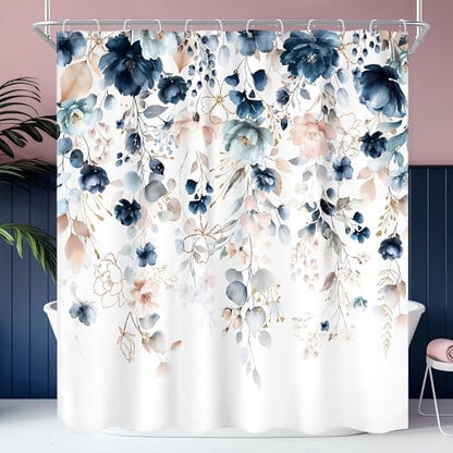 Blue Floral Flower Shower Curtain Cute Navy Flower Pastel Shower Curtain