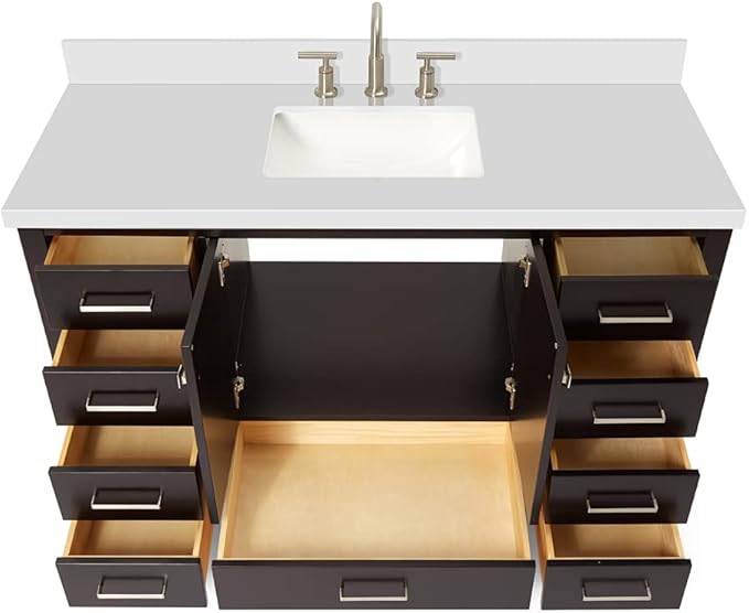 ARIEL Cambridge 54-inch Bathroom Vanity with Sink,Solid Wood, 1.5-inch Pure White Quartz Countertop, Single Rectangular Porcelain Sink, 2 Soft Closing Doors, 9 Dovetail Drawers, Espresso