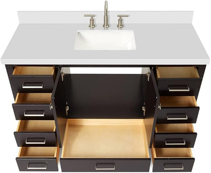 ARIEL Cambridge 54-inch Bathroom Vanity with Sink,Solid Wood, 1.5-inch Pure White Quartz Countertop, Single Rectangular Porcelain Sink, 2 Soft Closing Doors, 9 Dovetail Drawers, Espresso