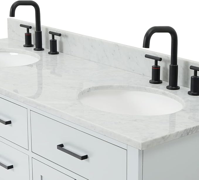 ARIEL Hepburn 60-inch Bathroom Vanity with Sink,Solid Wood, 0.75-inch Italian Carrara Marble Countertop & Backsplash, Double Oval Porcelain Sink, 4 Soft Closing Doors, 6 Dovetail Drawers, Grey