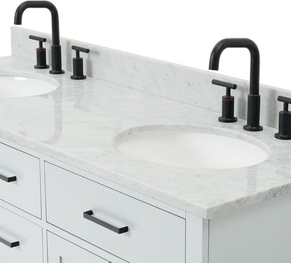 ARIEL Hepburn 60-inch Bathroom Vanity with Sink,Solid Wood, 0.75-inch Italian Carrara Marble Countertop & Backsplash, Double Oval Porcelain Sink, 4 Soft Closing Doors, 6 Dovetail Drawers, Grey