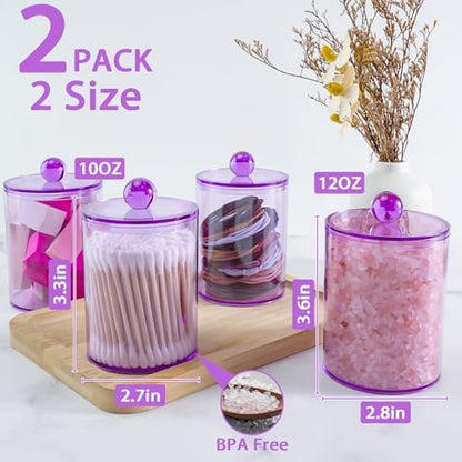 2 Pcs Acrylic Qtip Holder, Cotton Ball Holder Jars with Lids, Purple