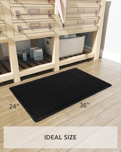 tchdio Waffle Bath Mat Rug, Super Absorbent Non Slip Bath Mats Ultra Soft Bathmat Machine Washable Bathroom Rugs with Tassels, Bath Rugs for Bathroom Floor Beside Tub, 24" x 36", Black