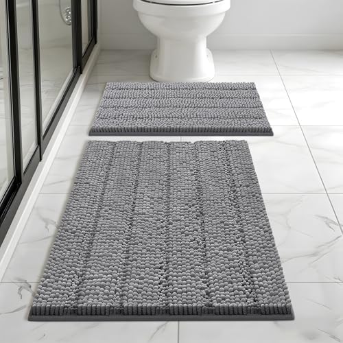 Bcoimo Bath Rug Mat Sets, 2 Piece Extra Soft Chenille Gray Bathroom Mat Set